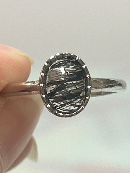 Black Tourmaline Stainless Steel Adjustable Ring
