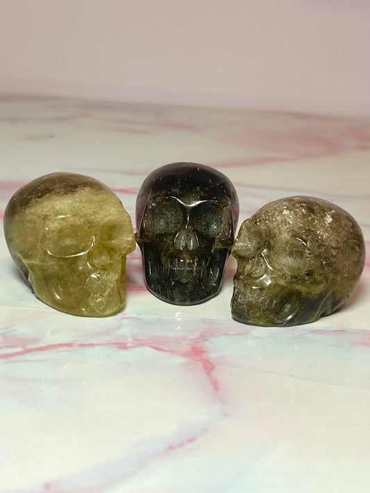 Citrine and Smokey Quartz Skulls