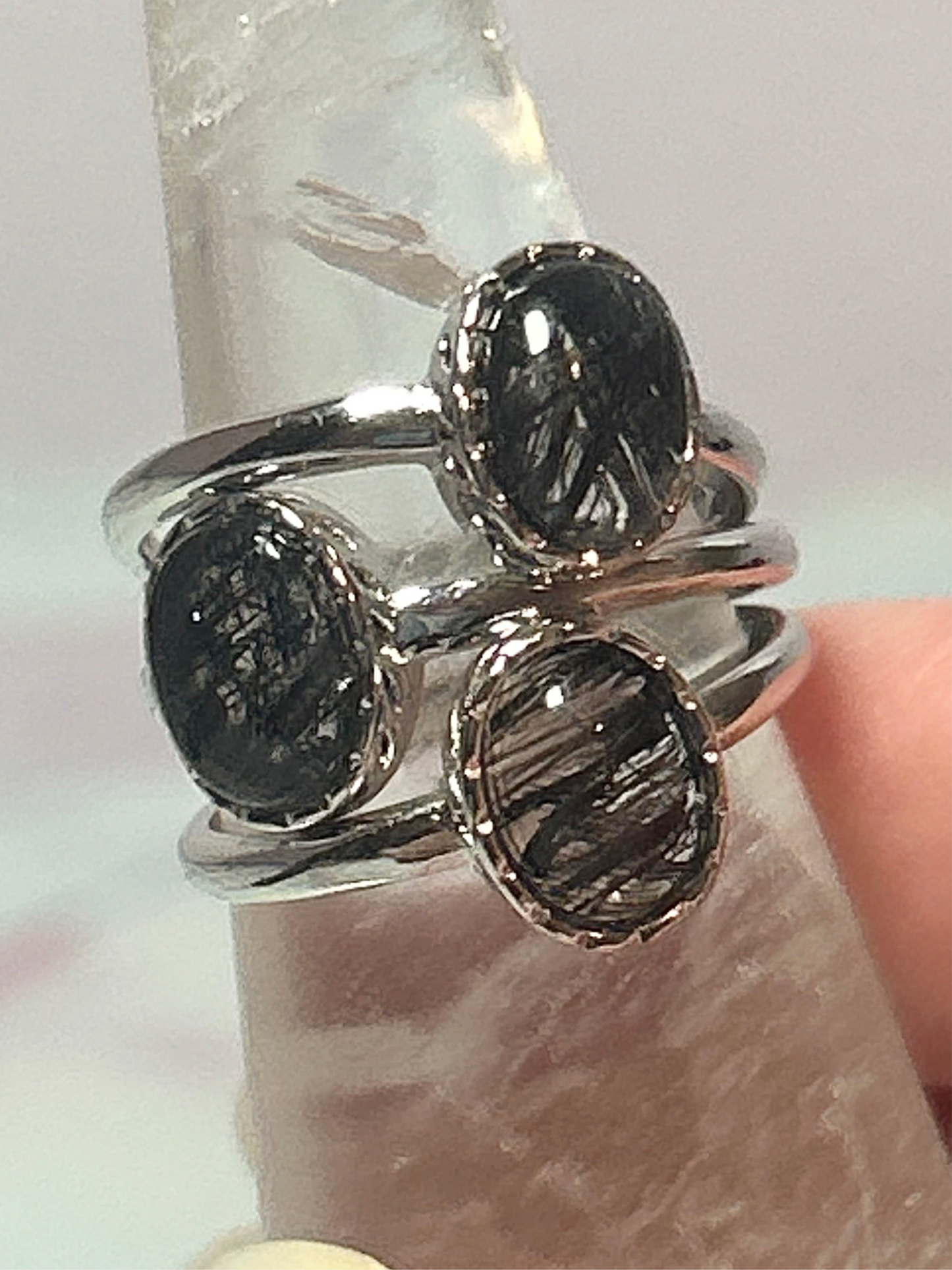 Black Tourmaline Stainless Steel Adjustable Ring