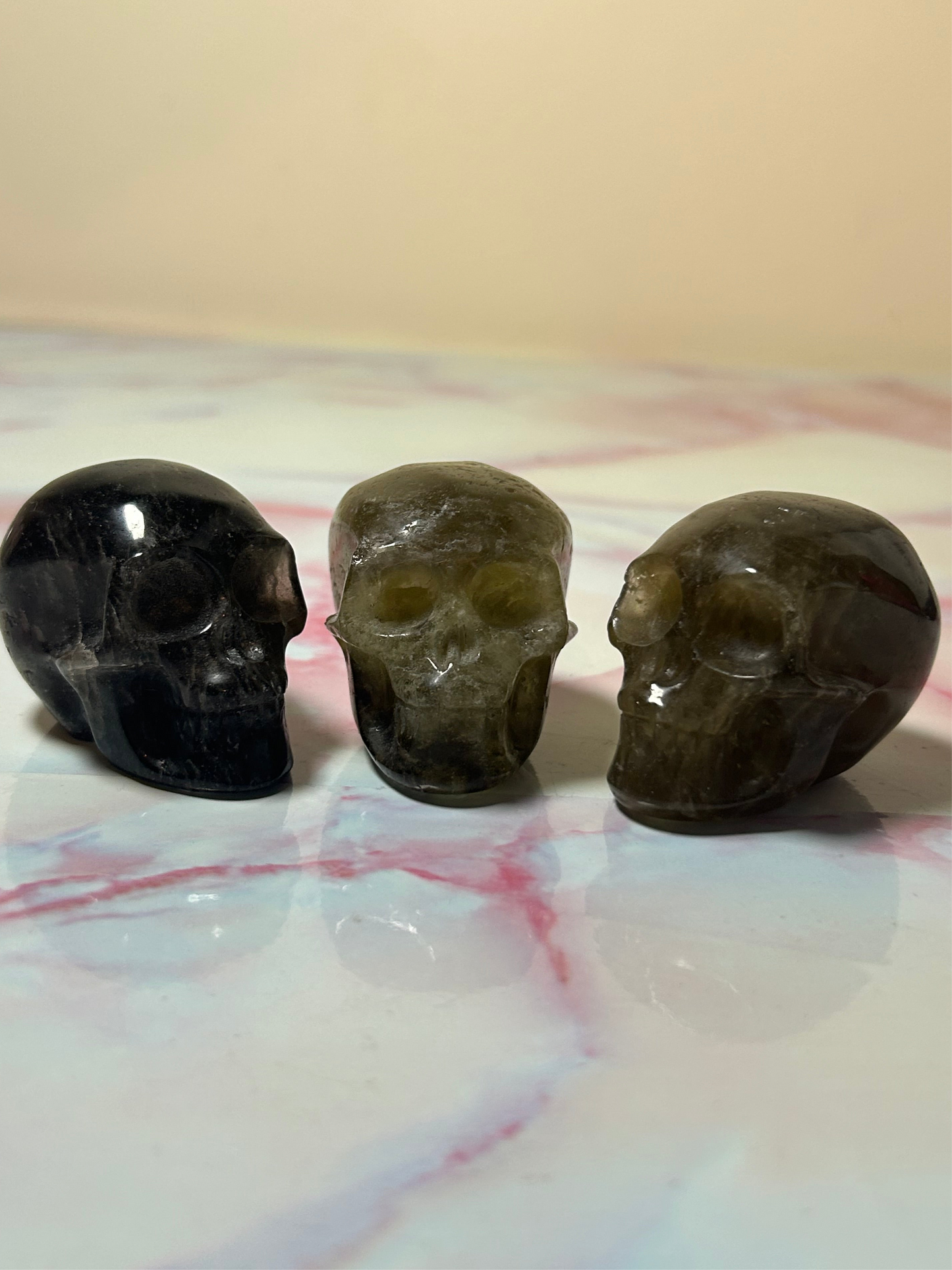 Citrine and Smokey Quartz Skulls